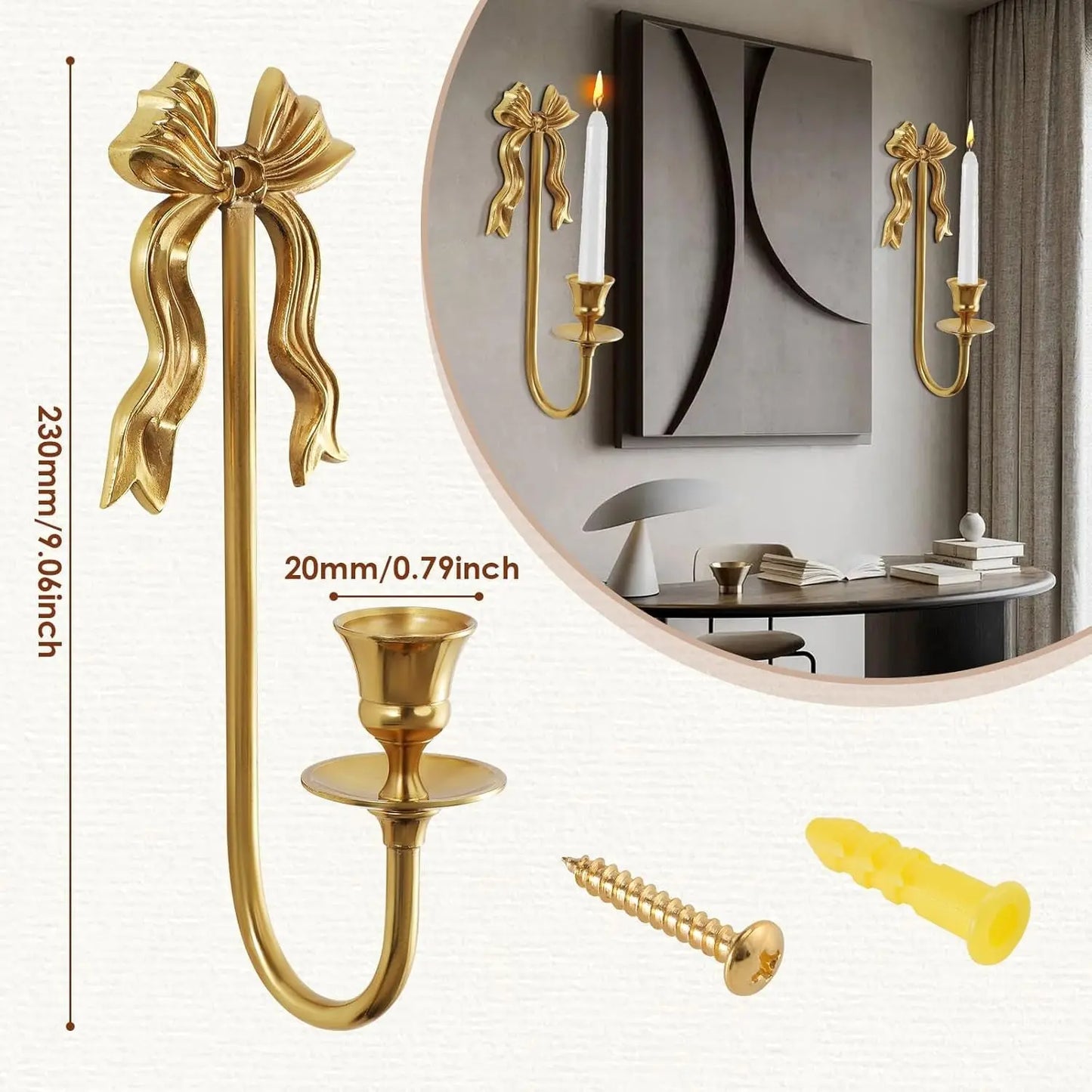 Set of 2 Vintage Gold Bow Candle Holders, Solid Brass Wall Mounted Tapered Candle - ZION
