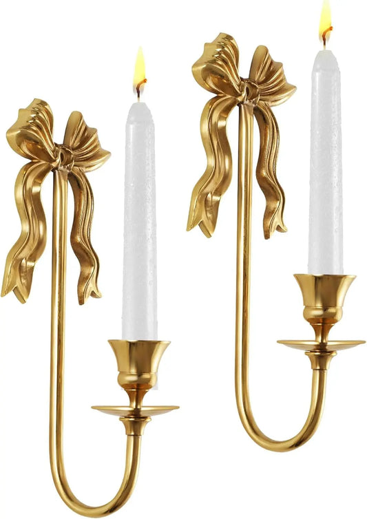 Set of 2 Vintage Gold Bow Candle Holders, Solid Brass Wall Mounted Tapered Candle -  ZION